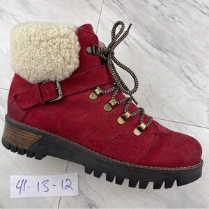 •Bos & Co Gail Boots Women 41/10.5-11 Red Suede Sheepskin Lining Shearling Mid